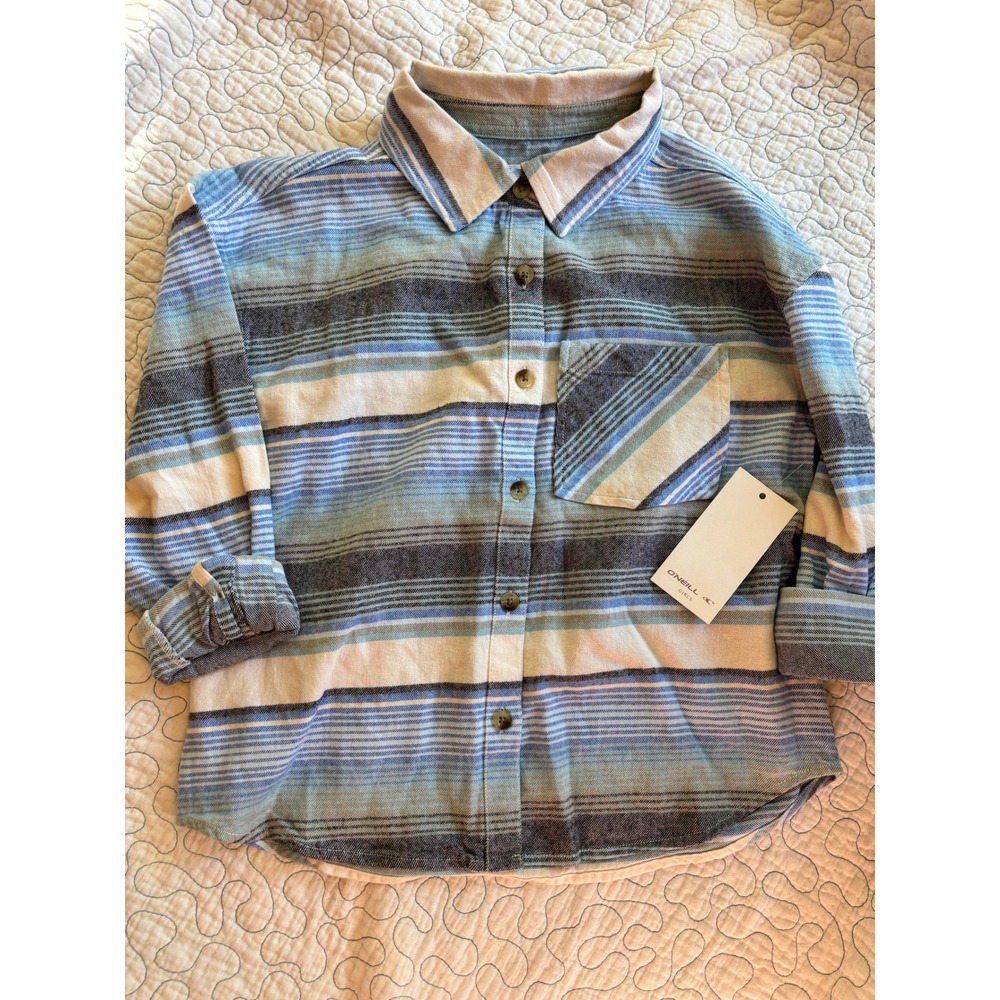 O'Neill Girls Leslye Blue Striped Flannel Shirt Button Down Size Medium